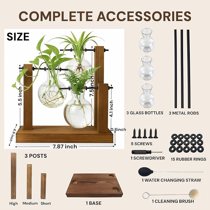 Plant Propagation Station with Glass Propagation Vases, Plant Propagation Jars in Wooden Stand, Hydroponic Vase for Plant Cuttings, Decorative Propagation Station for Home Desk Office