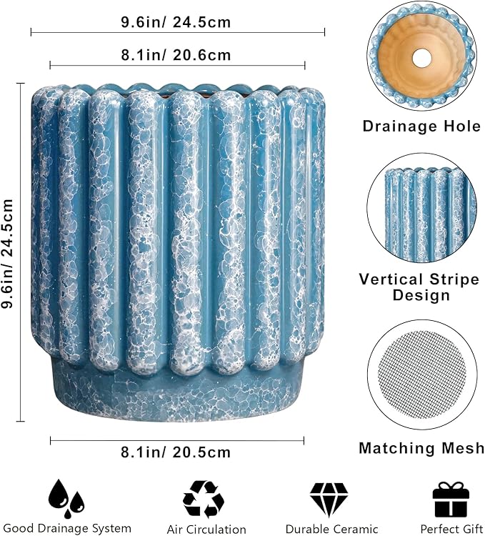 Ceramicfor Ceramic Planter for Indoor Plants - 9.6 Inch Ceramic Plant Pots with Drainage Hole, Large Flower Pots Outdoor, Fluted Decorative Round Planter, Front Door Decor, Housewarming Gifts, Blue
