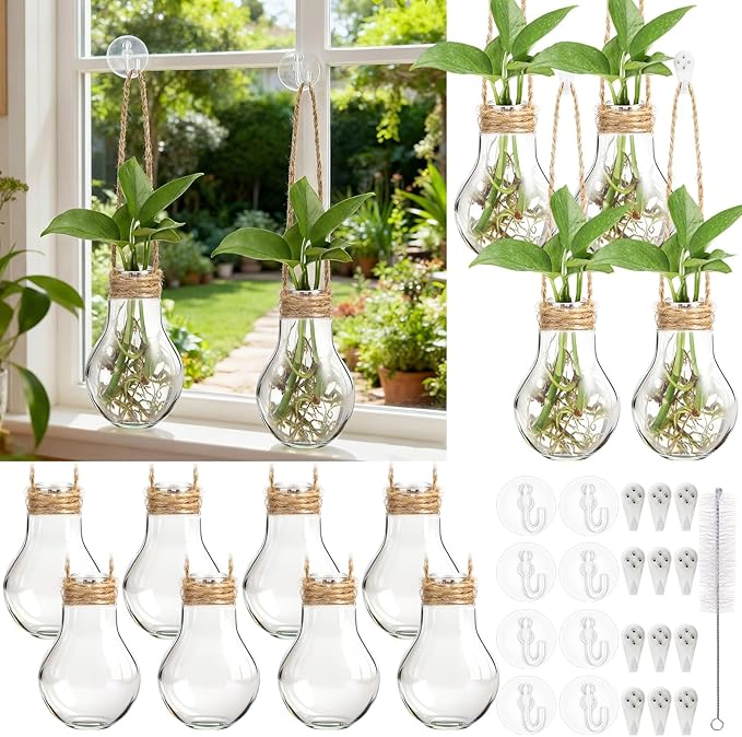 Baderke 12 Sets 3.15" Plastic Window Propagation Stations Hanging Propagation Vases Plant Test Tubes with Suction Cup & Traceless Nail & Brush Clear Wall Jars for Office Home Garden Decor Lover Gift