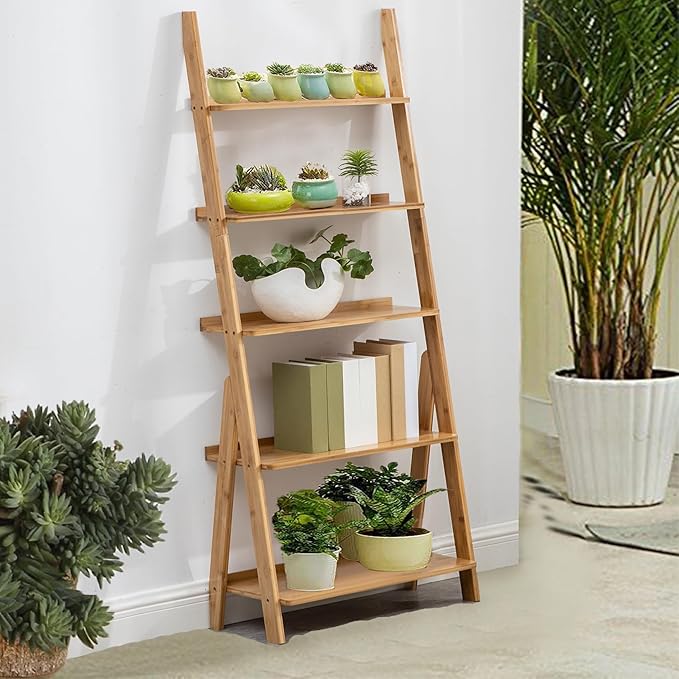 Maydear Bamboo Ladder Shelf Bookcase, 5-Tier Leaning Bookshelf Free Standing Organizer Storage Shelves for Living Room, Bedroom, Kitchen, Home Office, Balcony, Natural Wood | Bookcase, Living Room, Bedroom, Kitchen, Home Office