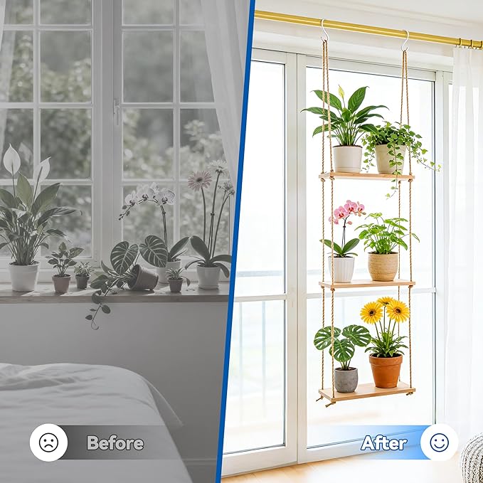 3 Tier Window Plant Shelves, Hanging Wood Floating Shelves for Living Room Bedroom Small Windows, Space-Saving Window Sill Shelf Indoor for Succulents, Herbs