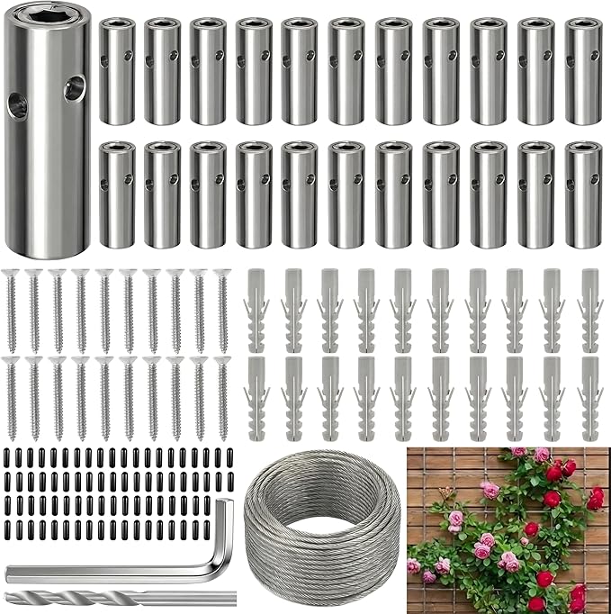 Wire Trellis Kit for Climbing Plants Outdoor - 20-Set Wall Mounted Trellis with 98Ft x 1/8" T316 Stainless Steel Rope, Heavy Duty Garden Wire Trellis System for Espalier & Vertical Gardening