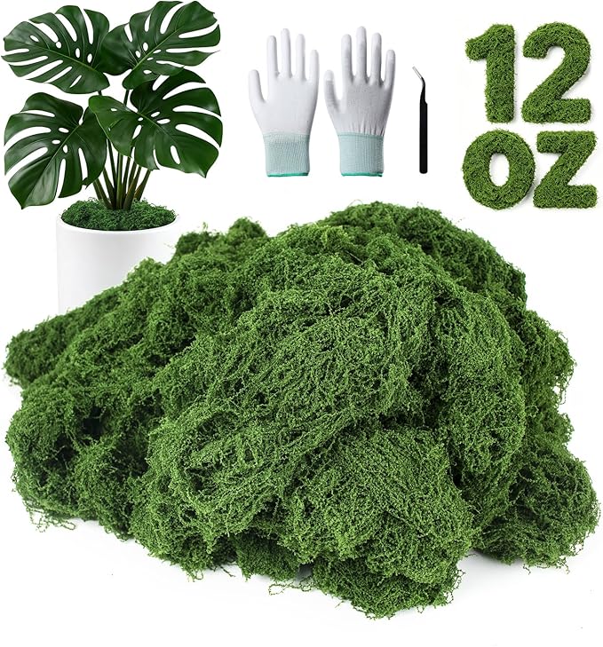 MGLIFEUL 12OZ Artificial Fake Moss for Crafts Plants Indoor with Non-Stick Gloves and Tweezers，Preserved Green Plant Faux Craft Moss Musgo for Fairy Garden Indoor Outdoor Home Decorating Model Making