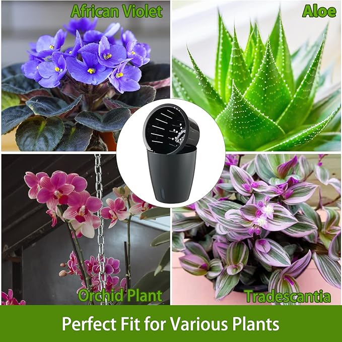 Planterhoma 5 Inch Self Watering Pots for Indoor Plants, 6 Packs African Violet Pots with Indicator, Black Wick Pot with Drainage Holes, Self Watering Planters for Orchid, Devil's Ivy, Grey
