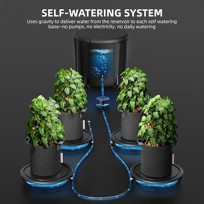 Spider Farmer Gravity-Fed Self-Watering System, 4-Pack Auto Watering System with 13 Gallon Reservoir, 4 Fabric Pot Base for Indoor Plants, Grow Tents, Greenhouses