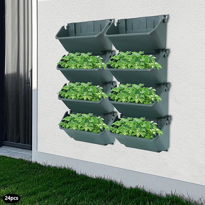 Bacocoo Vertical Garden Planter - 24 Pack, 13 inch Wall Mounted Planter for Patio Outdoor Decor, Home Green Plastic Pot Balcony Plant Vegetable Fruit Herb Hanging Pocket Holder Flowerpot. (Army Green)