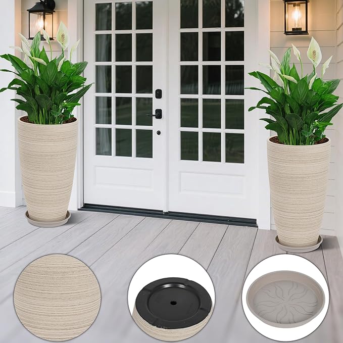 Neoaider Set of 2 Tall Planter, 21 inch Large Plastic Planter with Drain Hole & Saucers, Large Outdoor Planters for Porch, Garden, Patio, Balcony(Oat Color)
