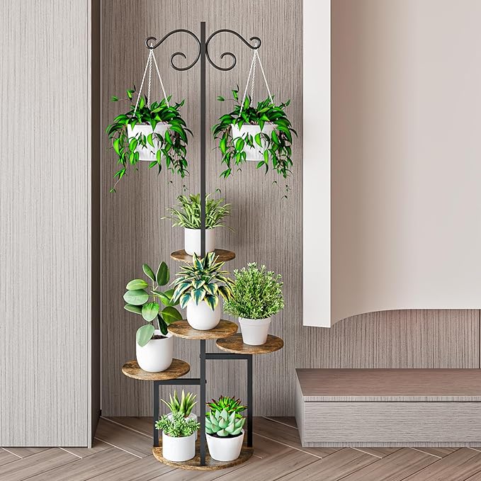 INGIORDAR Plant Stand Indoor Outdoor Corner Plant Shelf for Multiple Flower Pots Flower Stand Holder for Patio Garden Balcony Living Room (Black+Rustic Brown, 5 Tier with Hook)