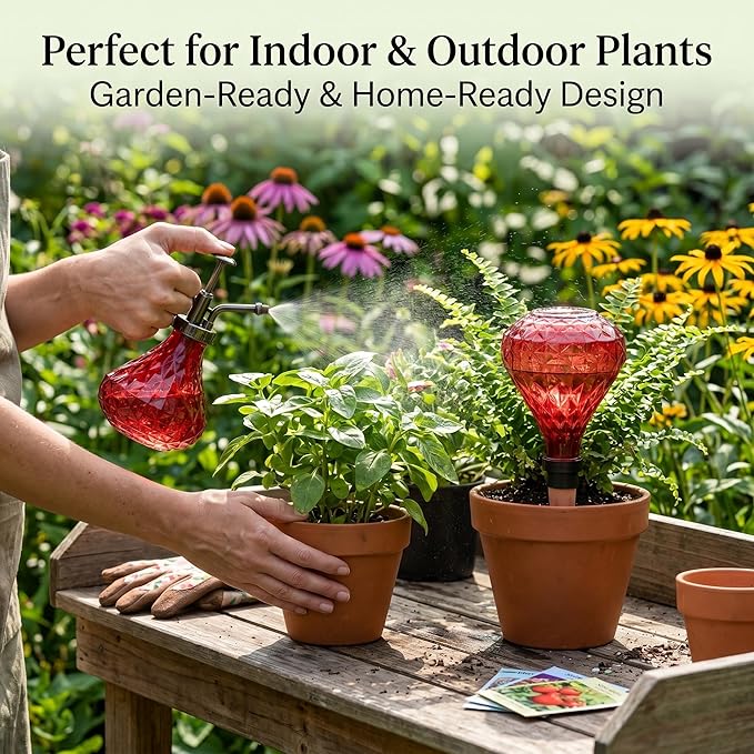 Glass Mini Watering Can Vintage Plant Mister Flower Water Spray Bottle and Faceted Glass Plant Watering Globe with Terracotta Spike,Red