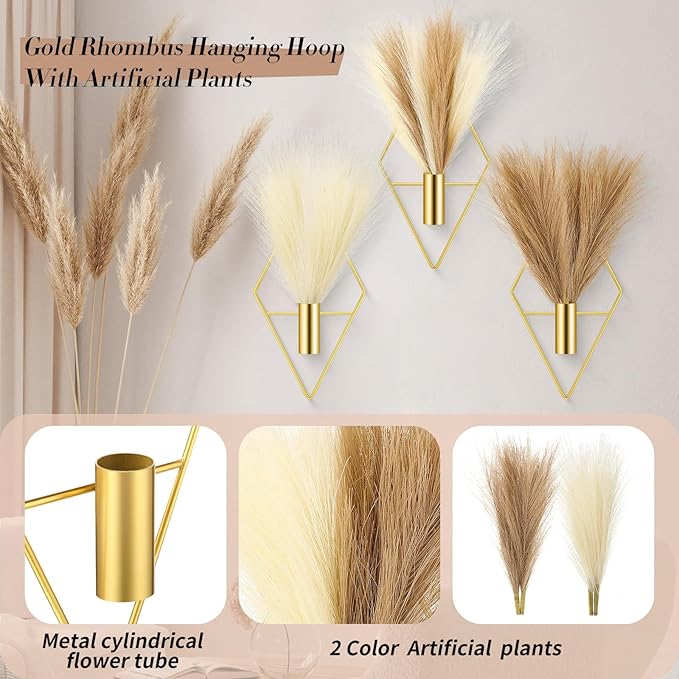 Hanaive 4 Sets Boho Gold Wall Decor Metal Wall Art Hanging Planters with Artificial Pampas Display Art Modern Home Metal Vase for Bedroom Living Room Home Office(Gold, Beige, Dark Coffee)