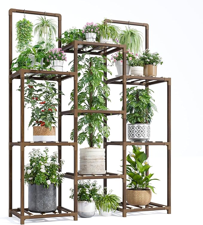 EnHomee Plant Stand Indoor Tall Plant Stand Outdoor Large Wood Plants Shelf with 10-12 Pots for Patio, Living Room, Garden, Balcony, 34.2 Wx47.6 Hx11.78 D