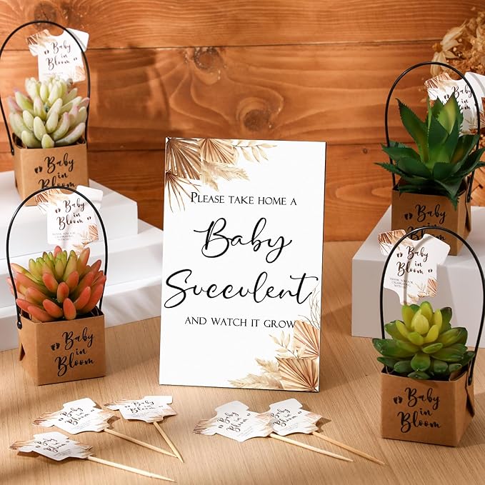 Geetery 101 Pcs Succulent Baby Shower Party Favors for Guests Include 1 Wooden Table Sign 50 Kraft Succulent Pots and 50 Tags for Baby Shower Party Gifts(Boho)