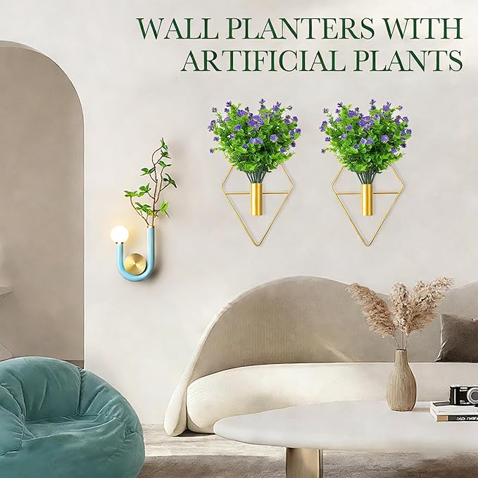 2 Pack Wall Decor Hanging Planters with Artificial Plants Metal Hanging Vase Indoor Plants Holder Modern Boho Wall Art for Bathroom Bedroom Living Room Office (Gold Eucalyptus)