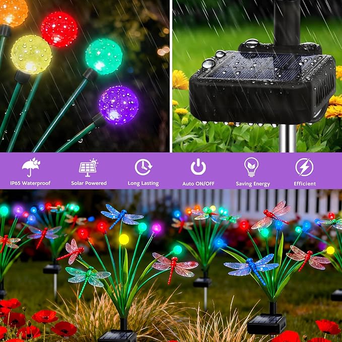 4 Pack Dragonfly Decorative Garden Stakes, 16Pcs 3D Dragonfly Decorations with Multicolor Solar Firefly Lights Realistic Dragonflies Solar Lights Outdoor for Yard Art Patio Plant Pot Flower Bed Lawn