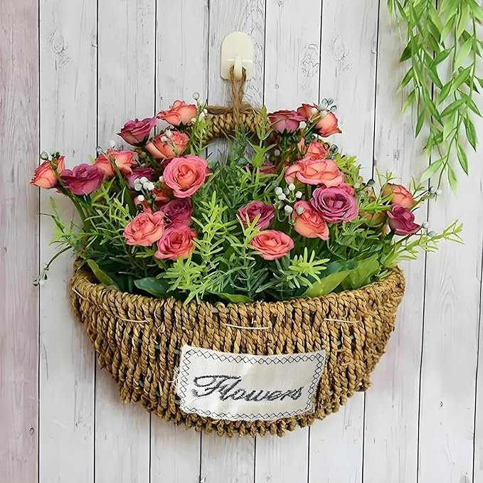 Hand-Woven Seagrass Wall Hanging Basket, Boho Half-Moon Hanging Planter with "Flowers" Label, Rustic Wall Mounted Storage Basket for Plants, Keys, Small Decor (Natural Seagrass)
