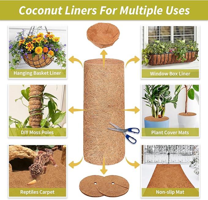 Legigo 12X120 Inch Natural Coco Liner Roll, Coconut Liners for Planter Window Box Hanging Basket, Coconut Coir Roll Coco Fiber Mat for Garden Decoration DIY Moss Poles Pet Pad Reptiles Carpet