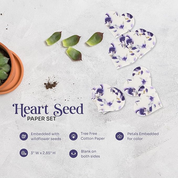 Set of 24 Purple Heart Seed Paper – Writable & Plantable Wildflower with Envelopes & Planting Guides, Mom's Gift for Mother’s Day, Use for Wedding, Baby Shower, Heart Party Favors & Easter Decorations