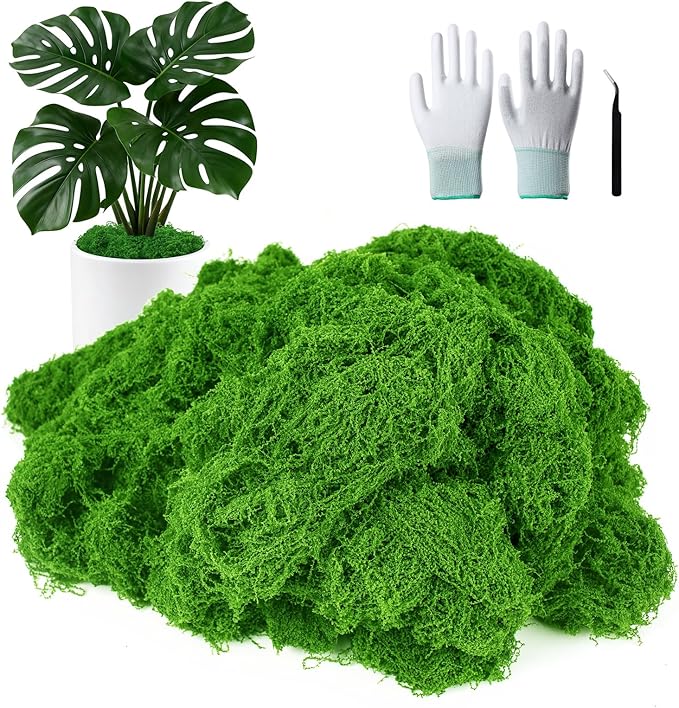 MGLIFEUL 12OZ Artificial Fake Moss for Crafts Plants Indoor with Non-Stick Gloves and Tweezers，Preserved Green Plant Faux Craft Moss Musgo for Fairy Garden Indoor Outdoor Home Decorating Model Making