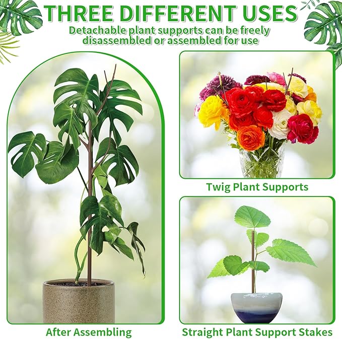 ROADPLUM 4 Pack 27.56" Detachable Twig Plant Support Stakes Set, Blends in to Plant, Branch Plant Sticks with Orchid Clips Twist Plant Ties, Twig Trellis for Indoor Outdoor Plants Potted Plants Flower