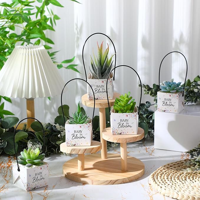 Soaoo 60 Pcs Succulent Baby Shower Favors Bulk Grow Succulents Wrap Bags with Handles Baby in Bloom Plants Paper Pots Gift Boxes Decorations Supplies Plants not Included Fits 2 Inch Pots (Wildflower)