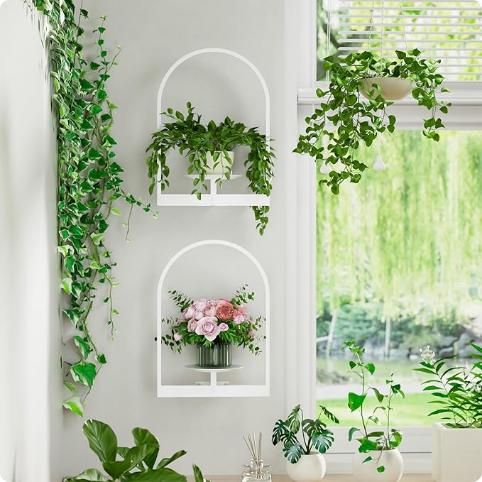 White Metal Wall Plant Holder - 2-Pack Wall Mounted Plant Stands and Hanging Holders for Indoor Planter and Flower Pot - Arch Decor Shelf for Plant Storage (Pot Not Included)