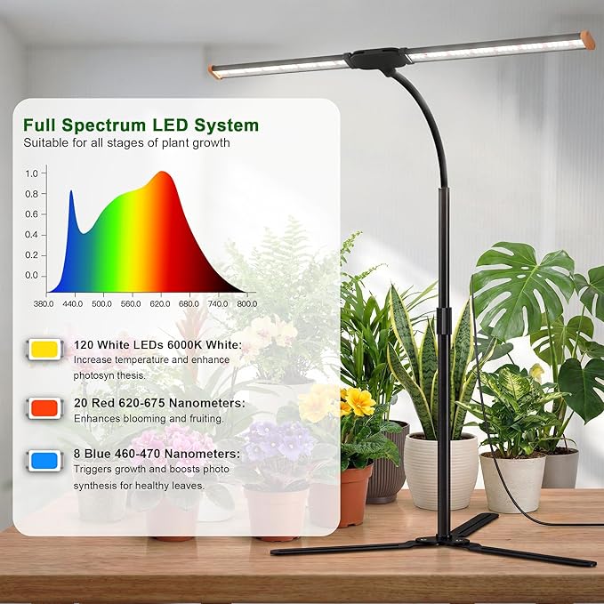 Grow Light for Indoor Plants,6000K White Sun Spectrum Growing Light Lamp with Red Blue LED for Pot Succulents Seeds, Light Strip Foldable & Height Extendable 9-25'', Auto Timer 4 8 12Hrs