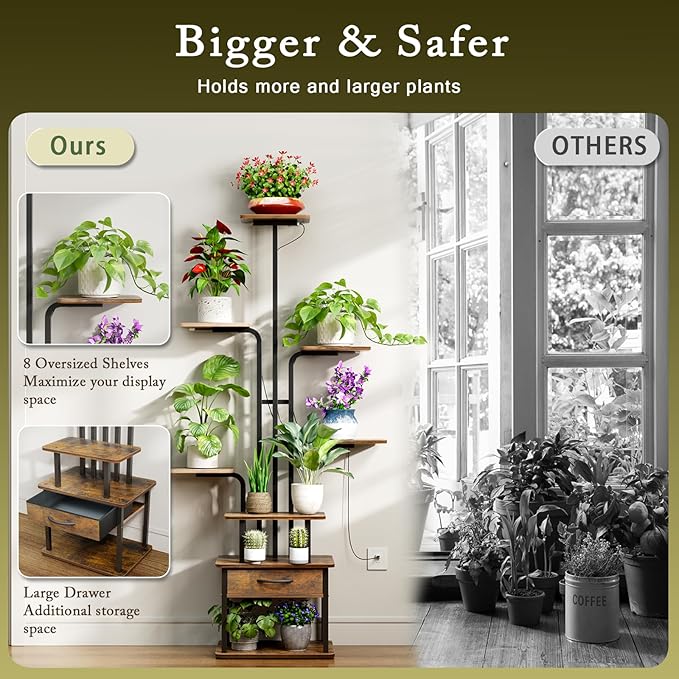 REFGY 8-Tier Tall Plant Stand with Grow Lights, Indoor Multi-Tiered Metal Plant Shelf with Large Storage Drawer, Heavy Duty Flower Pot Stand for Living Room, Bedroom, Balcony, Rustic Brown