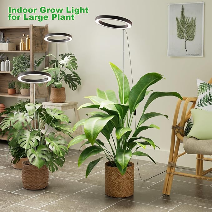 12" Grow Lights for Large Indoor Plants, Full Spectrum Indoor Plant Lights for Indoor Growing,Height Adjustable 15"-65",Timer Auto On/Off 3/9/12H,9 Brightness,Led Tall Halo Grow Light for House Plants