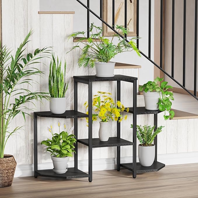 Asgolion Plant Stand Indoor,Multiple Plant Shelf Corner Rack, 6 Potted Plant Stand, 6 Tiers Large Flower Holder, Planter Display Rack for Patio Balcony Living Room Bedroom Decor, Black