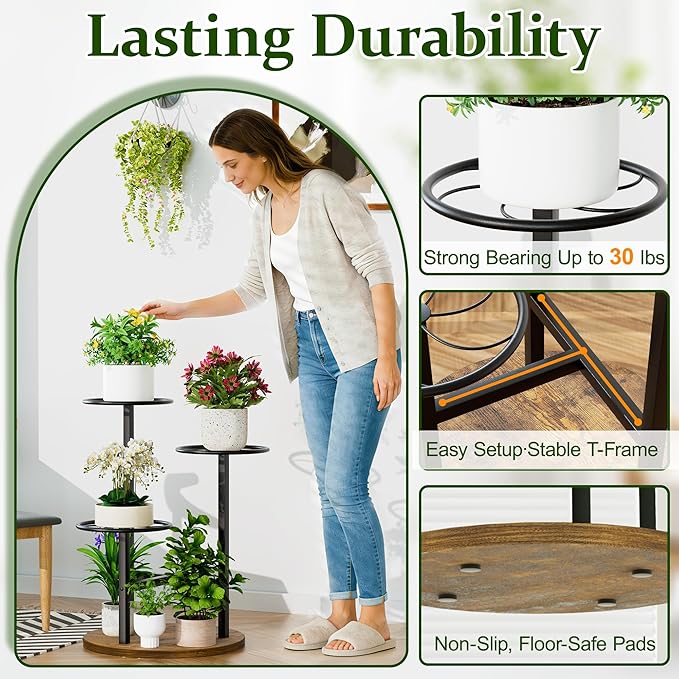 3 Tier Plant Stand Indoor Outdoor,Tiered Plant Stands,Wood Plant Shelf for Multiple Plants, Wrought Iron Flower Stand, Tall Plant Rack Shelf for House Patio Garden - BlackKite