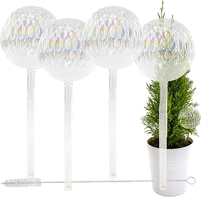 Aqua Glass Plant Watering Globes Automatic Self Watering Plant Insert Spike Orbs - Indoor Outdoor Plant Drip Irrigation - For Flowers, Herbs, Houseplants (Iridescent Globes, 4, Units)