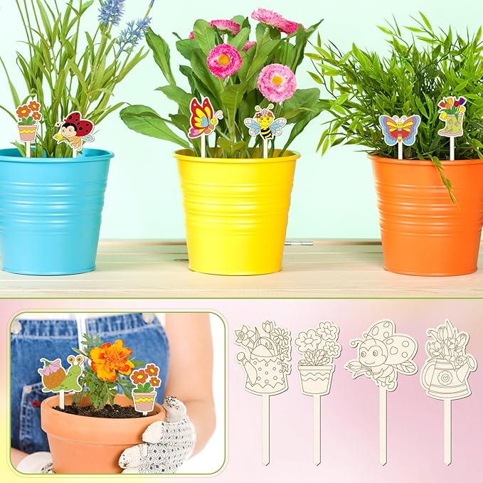 DoubleFill 15 Pcs Wooden Spring Plant Stakes Crafts Color Your Own Spring Sticks for Plant DIY Craft Kits Unfinished Wood Cutouts Butterfly Watering Can Snail Flower Shape for Gardener Gardening Gifts