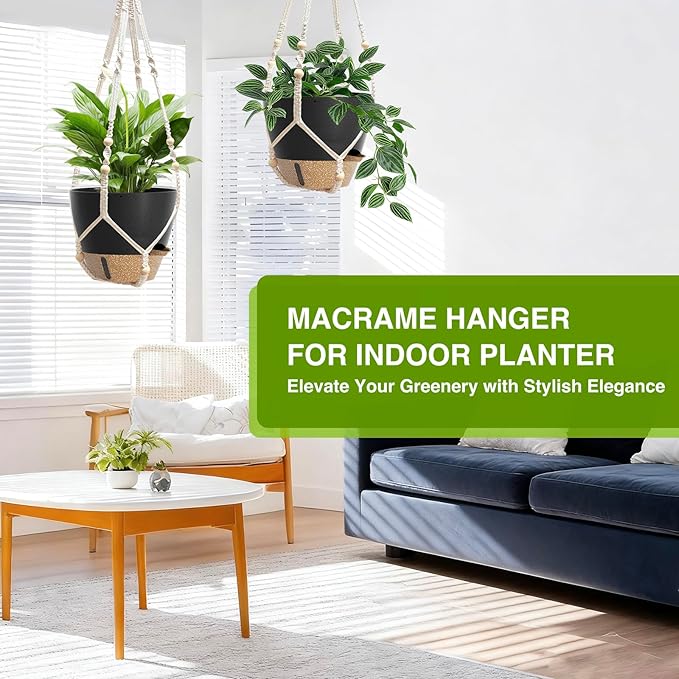 LEWESU Set of 2 Hanging Planters for Indoor Plants with Self Watering Includes Hanging Pots and 2 Types Plant Hangers, Outdoor Hanging Baskets Holder for Home Garden, 10 Inch Midnight Black