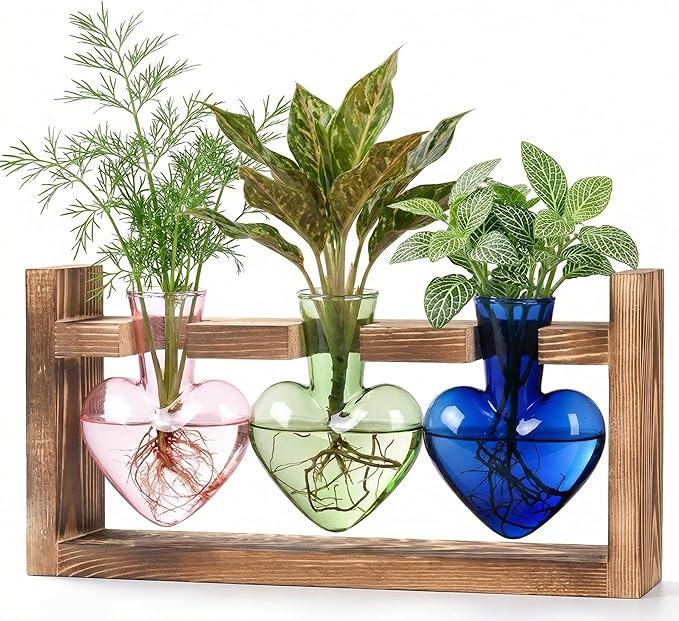 Plant Propagation Station 3Pcs Heart Vase with Wooden Stand Tabletop for Hydroponics Indoor Home Table Decor for Her Plant Lovers Women Mom Wife Daughter (Three Colors)