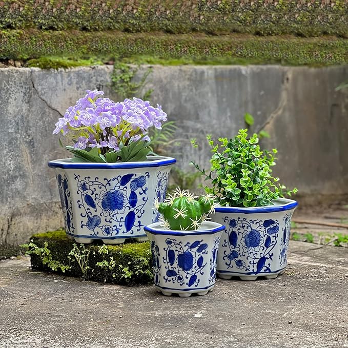 HakkaGirl Ceramic Planter, Chinoiserie Decor Ceramic Flower Pots Plant Pots Indoor with Drainage for Orchid Succulent or Small Plants, Blue and White, Set of 3