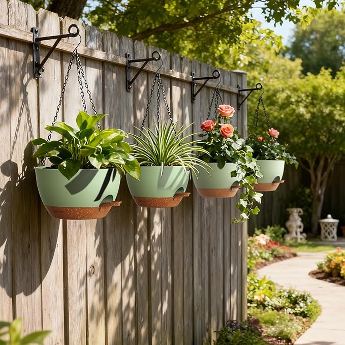 UOUZ 4 Pack 8 Inch Self Watering Hanging Planters for Indoor Outdoor Plants，Hanging Pots for Plants with Drainage Removable Tray, Hanging Baskets Flower Pots for Pothos Spider Garden Green with Brown