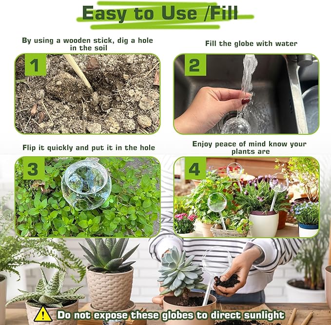 Self Watering Globes, Glass Clear Plant Watering Globes, Self Watering Planter Insert for Indoor & Outdoor Potted, Self Watering Planter Insert Spikes Devices for Everyday or Vacation Use, 2 Pack