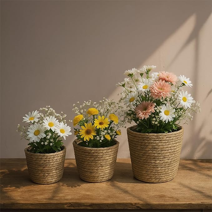 Set of 3 Woven Seagrass Planter Baskets – Handwoven Decorative Storage Baskets for Indoor Plants, Boho Home Decor, Living Room & Entryway Display – No Handle Design