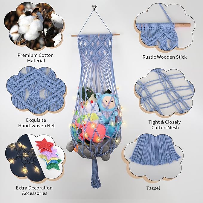 Stuffed Animal Storage Hammock Corner, 63'' Jumbo Boho Macrame Toy Holder Wall Mounted, Hanging Net Organizer for Nursery Decor, Dark Blue Plush Toy Net with Star Light for Boys Girls Gift