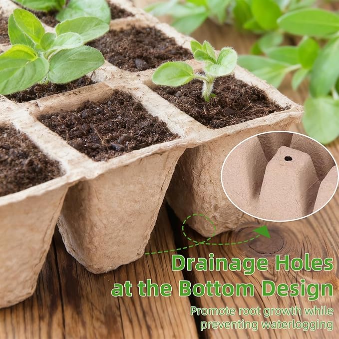 Seed Starter Tray - 300 Cells Biodegradable Peat Pots for Seedlings, 25 Packs Garden Germination Seedling Starter Trays with Drain Holes, Organic Seed Starter Kit with Plant Labels(Khaki)