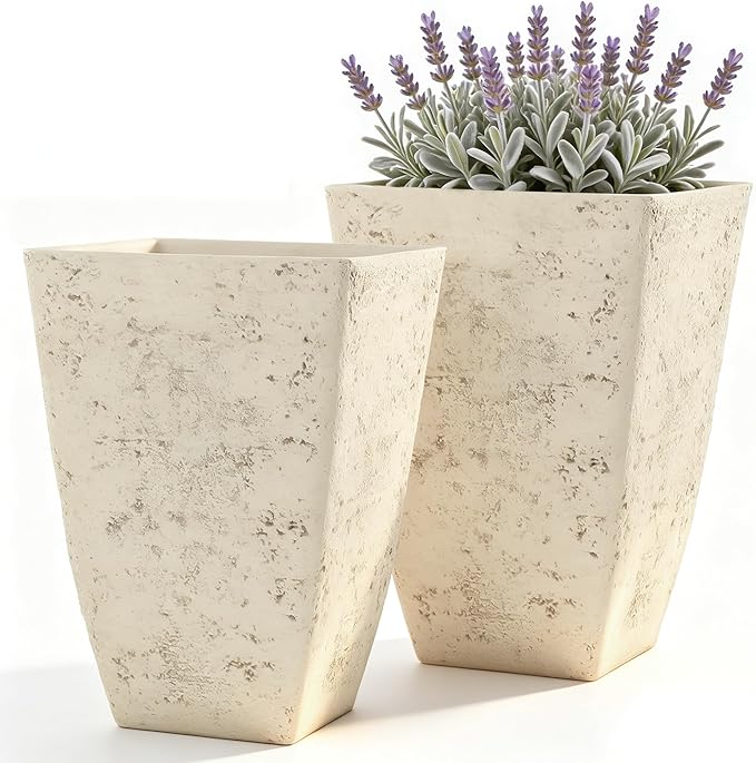 Autodaya 19" Plant Pots Tall Planters for Plants Outdoor Set of 2 Large Square Flower Pots Indoor Front Porch Decor Garden Pot with Drainage Hole Handmade Birch Bark Texture for Patio, Country White