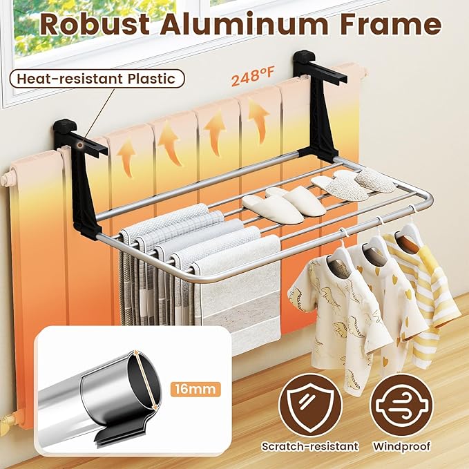 Tangkula Portable Clothes Drying Rack, Extendable Radiator Clothes Airer with Robust Aluminum Frame for Balcony Railings Windowsill, Folding Towel Rack for Indoor & Outdoor Use (Small)