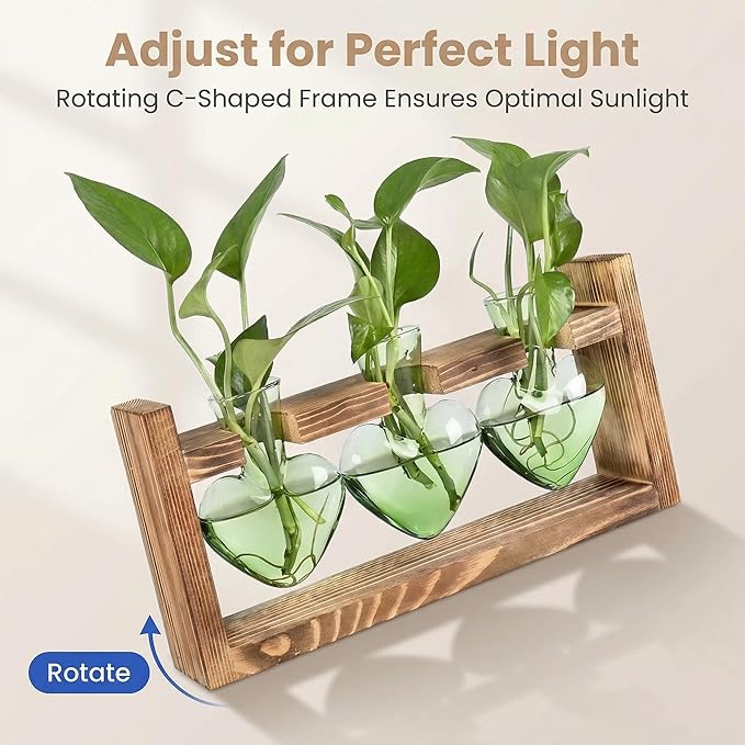Plant Propagation Station 3Pcs Heart Vase with Wooden Stand Tabletop for Hydroponics Indoor Home Table Decor for Her Plant Lovers Women Mom Wife Daughter (Green)