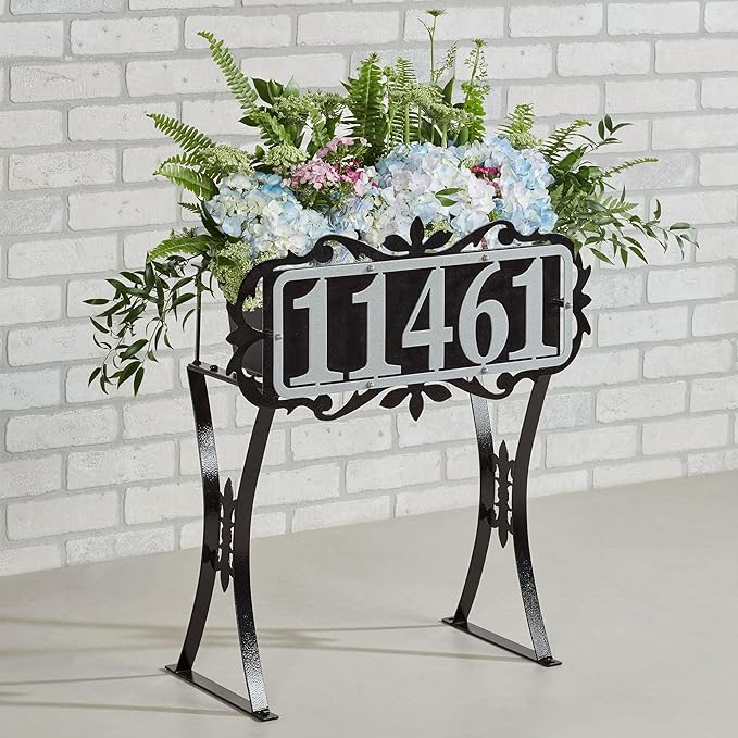 Floret Personalized Metal Planter Stand | Indoor, Porch, Patio, or Outdoor Use | Custom Family Last Name or House Address Numbers | Silver and Black Durable Finish | Raised Planter Stand