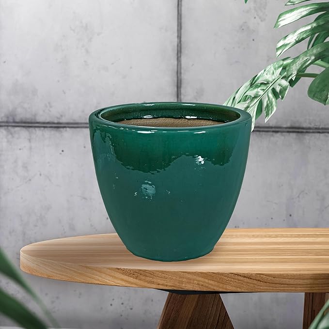 Sunnydaze Large Ceramic Plant Pot - Round Outdoor Glazed Ceramic Planter Pot with Drainage - Resort - Dark Green - 14.5"