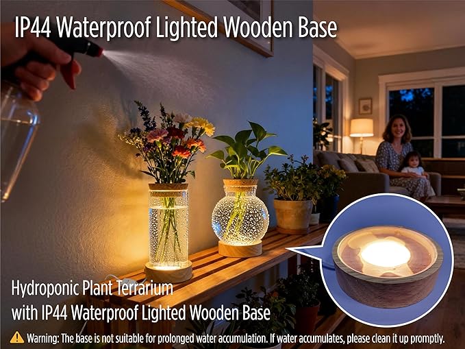 Plant Propagation Station with Light, Glass Planter Station with Waterproof Lighted Wooden Base, Desktop Hydroponic Plants Terrarium, Round Glass Planter for Home Decor & Office Decor