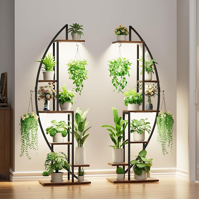 BACEKOLL Plant Stand Indoor with Grow Lights, 6 Tiered Tall Plant Shelf, 63" Metal Plant Stand for Indoor Plants Multiple, Half-Moon Plant Rack Display Shelf, 2 Pcs Plant Holder for Living Room, Patio
