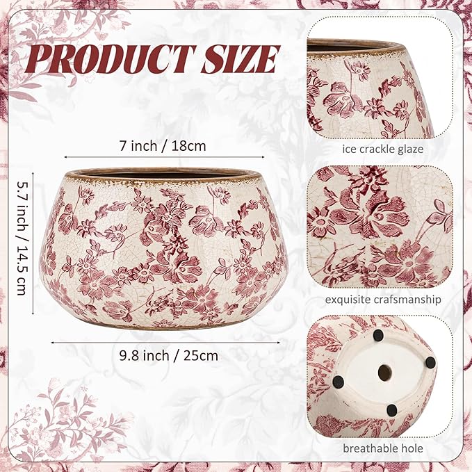 9.8 Inch Large Vintage Ceramic Planter Ice Crack Glaze Pink Rose Floral Flower Pot with Drainage Hole Rustic Decorative Plant Pots Gifts for Home Kitchen Office Indoor Outdoor Plants