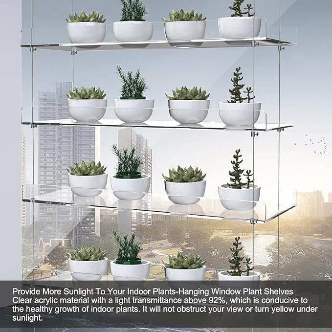 2-Pack Adjustable Clear Acrylic Plant Stands for Windows – 16" Transparent Hanging Window Plant Racks for Indoor Garden, Herbs, or Home Decor in Kitchen & Bedroom