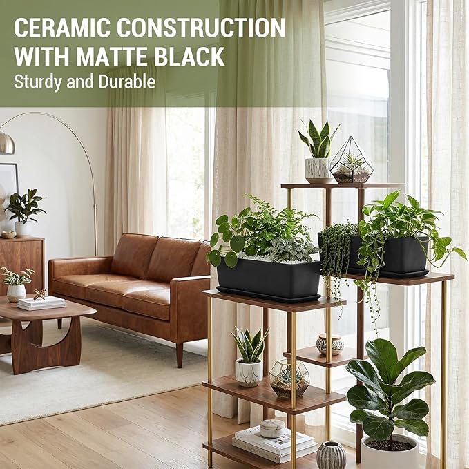 MyGift Matte Black Ceramic Indoor Plant Pot Succulent Planter, Decorative Flower Planter with Drainage Hole and Removable Tray (14 inch - 2 Pack)